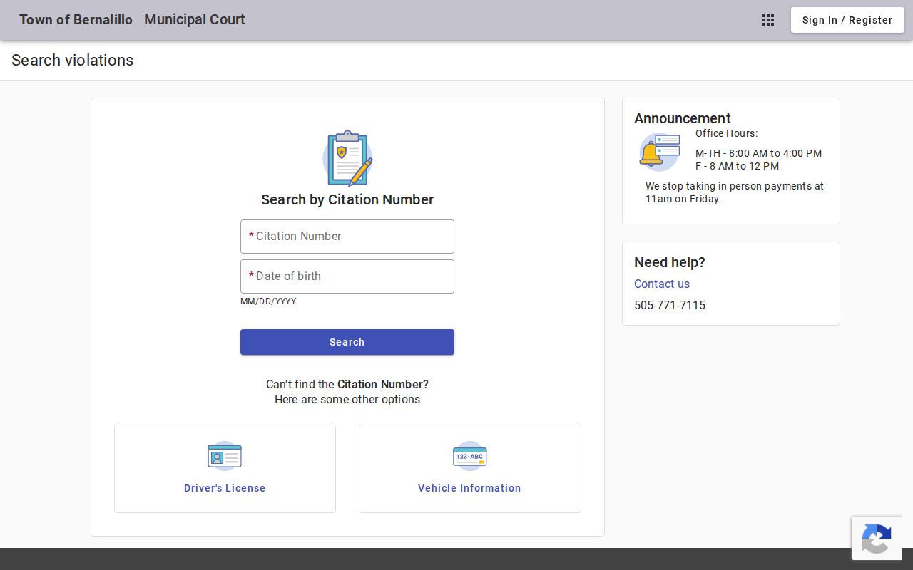 Sandoval County case search context for the Bernalillo Municipal Court citation search