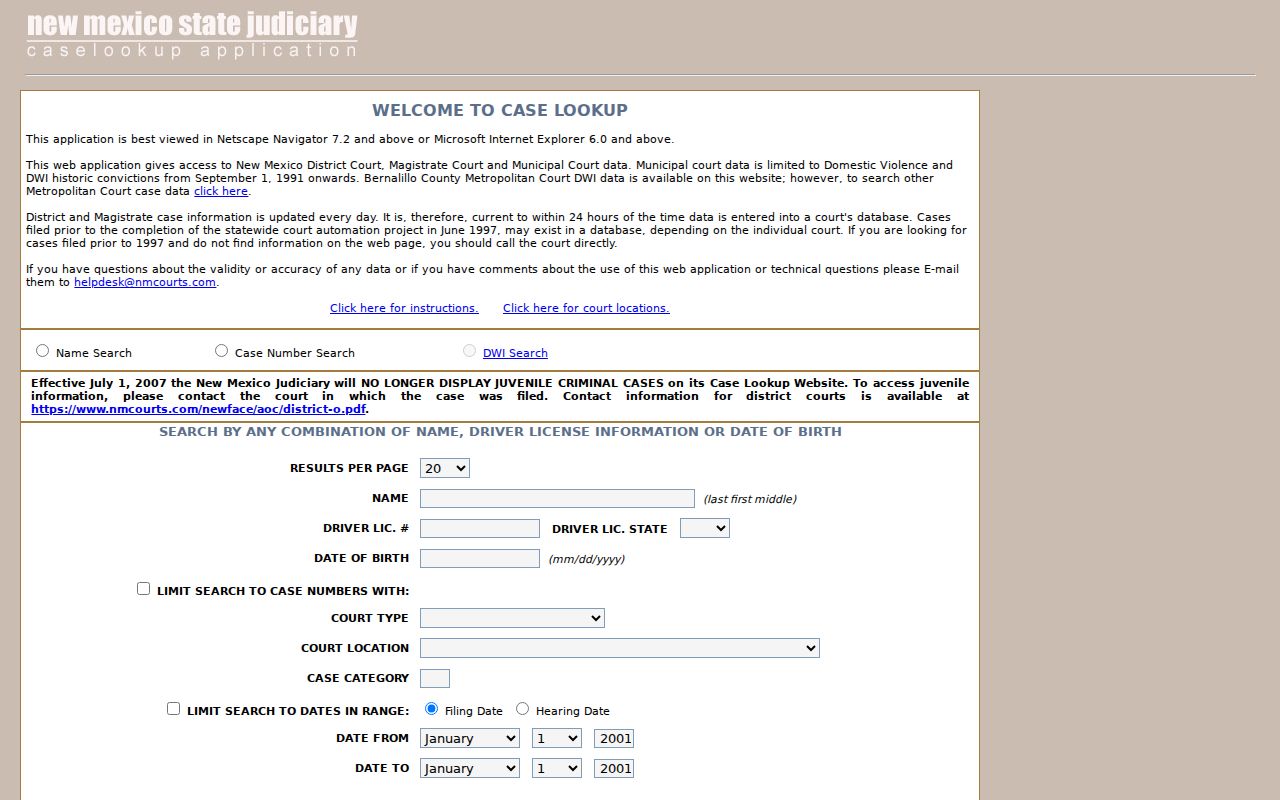 Sandoval County civil court docket search-field context from the legacy New Mexico Case Lookup page