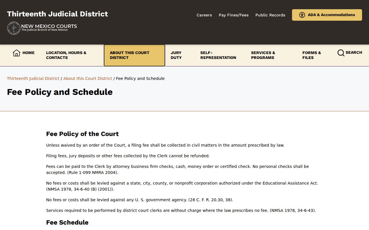 Sandoval County civil court docket fee-policy context from the Thirteenth District