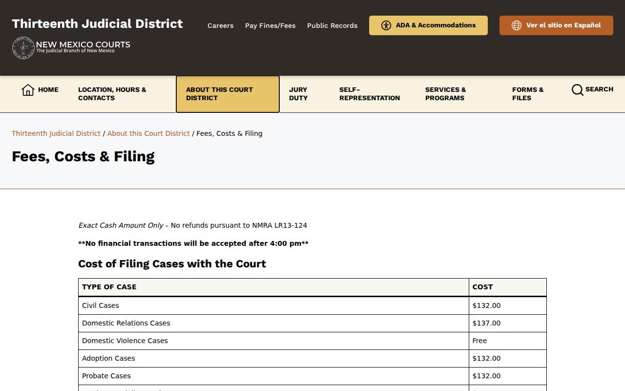 Sandoval County civil court docket copy and certification fee context from Thirteenth District