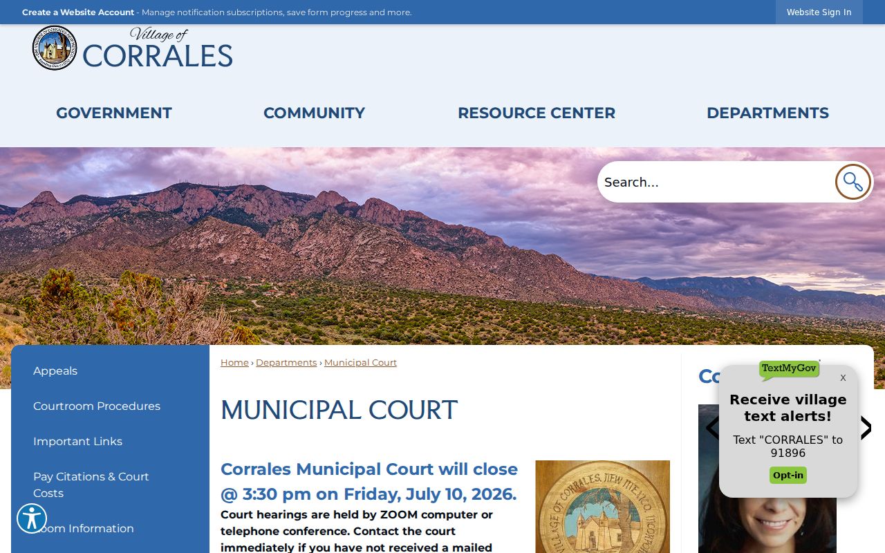 Sandoval County court calendar reference for Corrales municipal court hearings