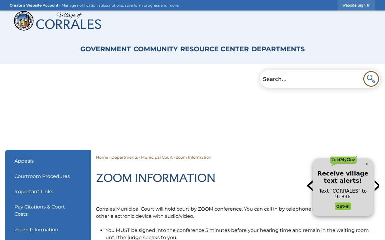 Sandoval County court schedule reference for Corrales Zoom hearing instructions