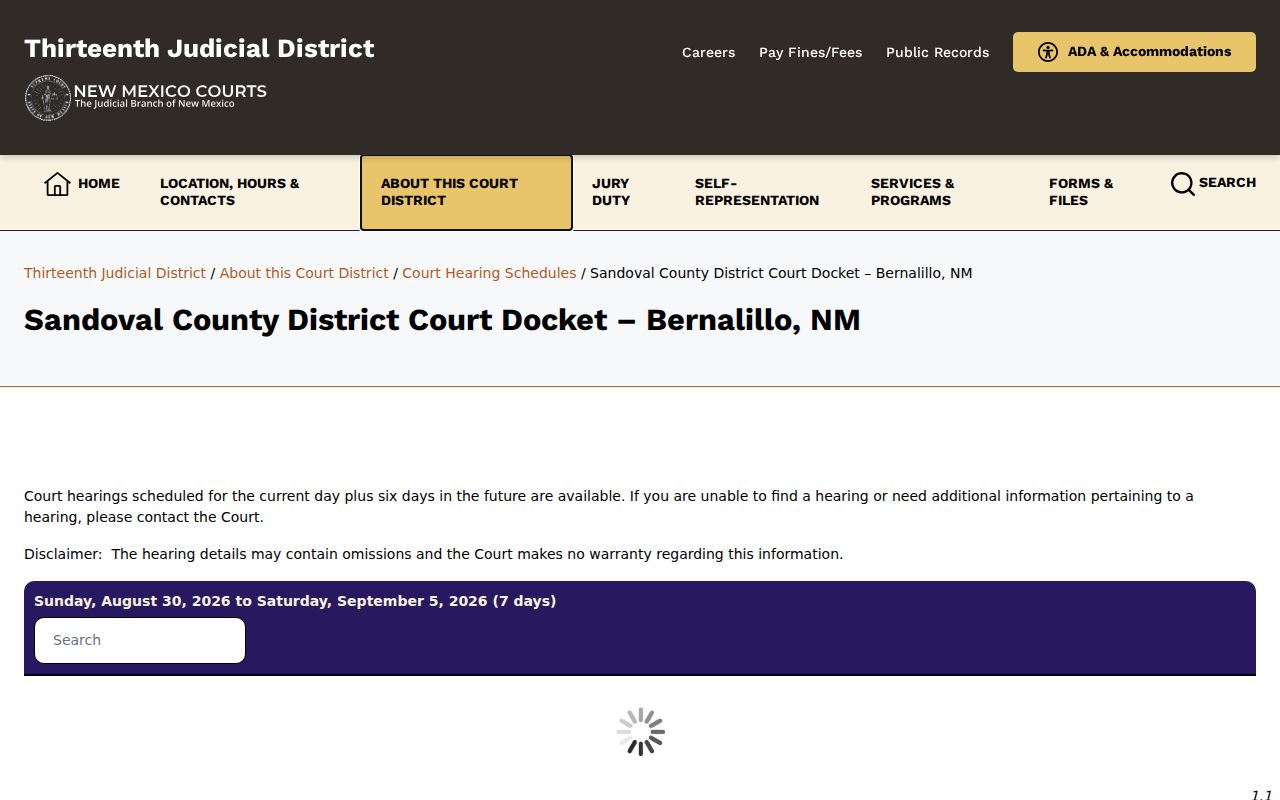 Sandoval County criminal court docket schedule for the Thirteenth District Court