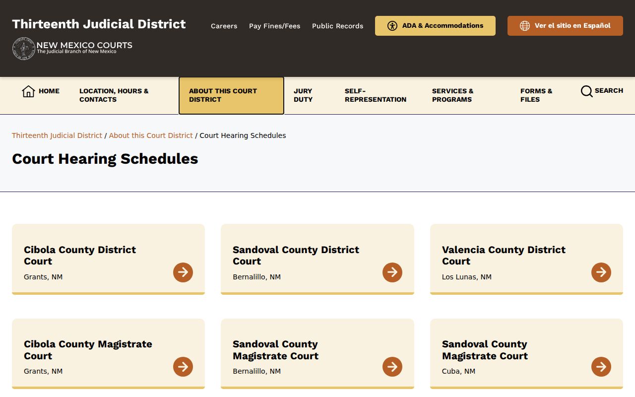 Sandoval County court docket schedule index for district and magistrate hearings
