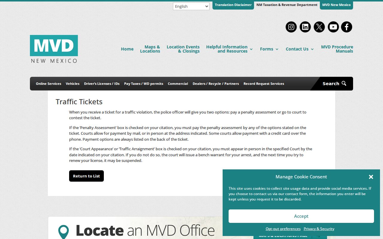 Sandoval County traffic court record reference from New Mexico MVD traffic ticket instructions